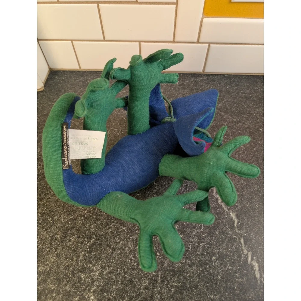 Barbara Sansoni Barefoot Sri Lanka Handwoven Frilled Lizard Plush Green Blue Toy